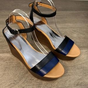 Coach Caitlyn Navy Blue & Black Leather Platform Sandals Wedges Size 9